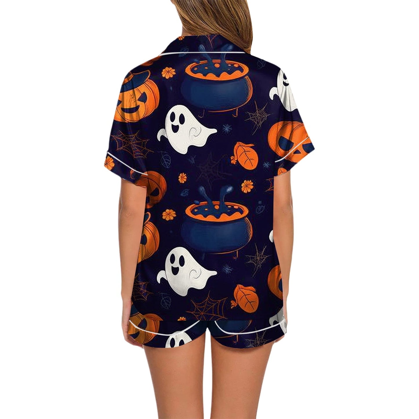 SHITINN Halloween Pajamas Women 2 Piece Silk Pjs Women Halloween Womens Button Down Pajama Sets with Shorts Womens Loungewear Pajama Pants Women Set
