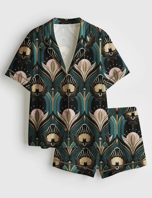 Women’s Vintage Elegant Art Deco Bats And Flowers Teal Fan Print Short Sleeve Satin Pajama Set