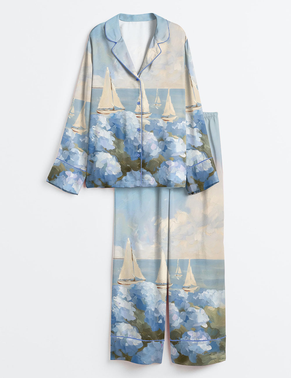 Women’s Coastal Sailboats Painting Blue Hydrangea Flowers Print Long Sleeve Satin Pajama Set