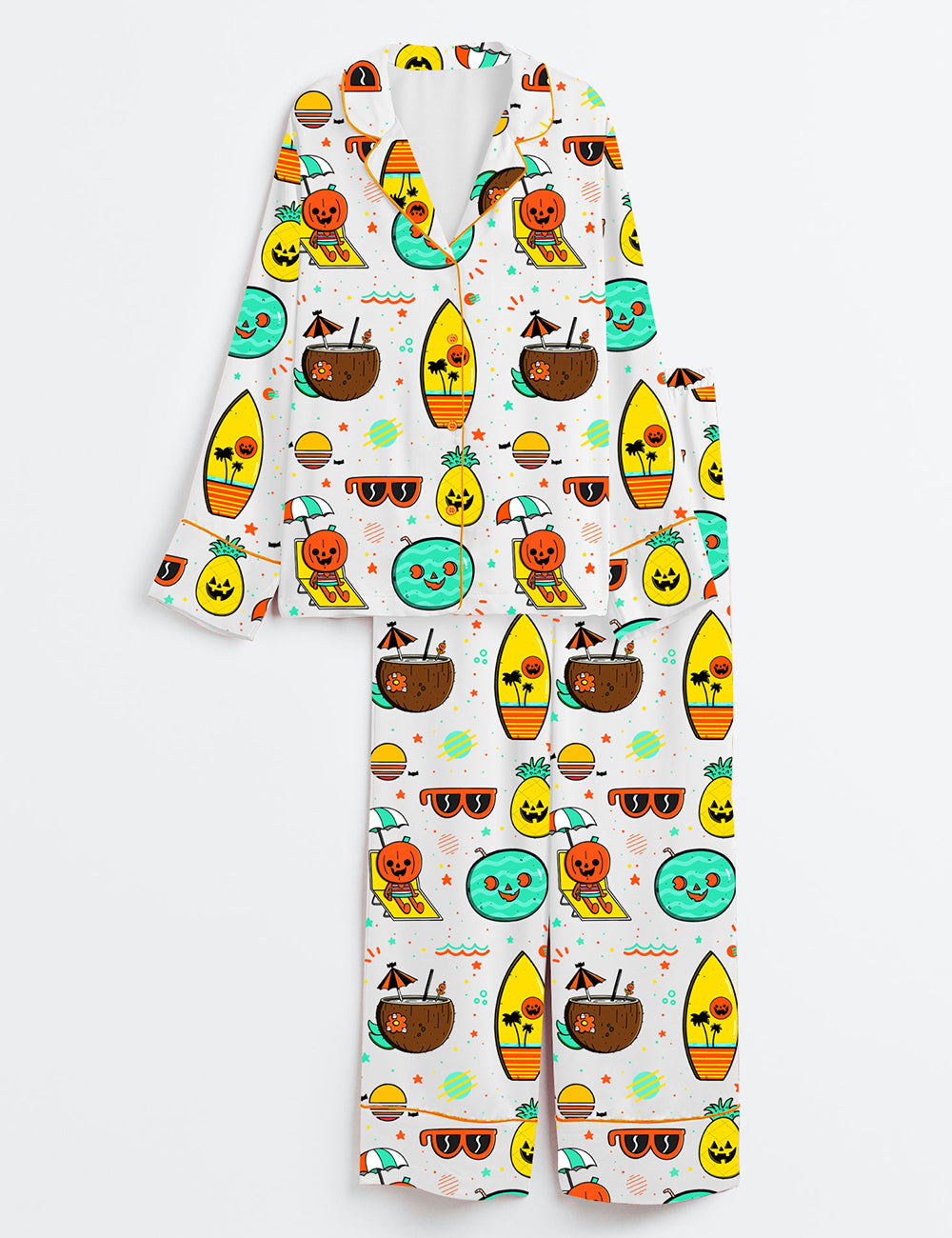 Women’s Summerween Spooky Beach Vibes Pumpkin Trendy Summer Print Long Sleeve Satin Pajama Set