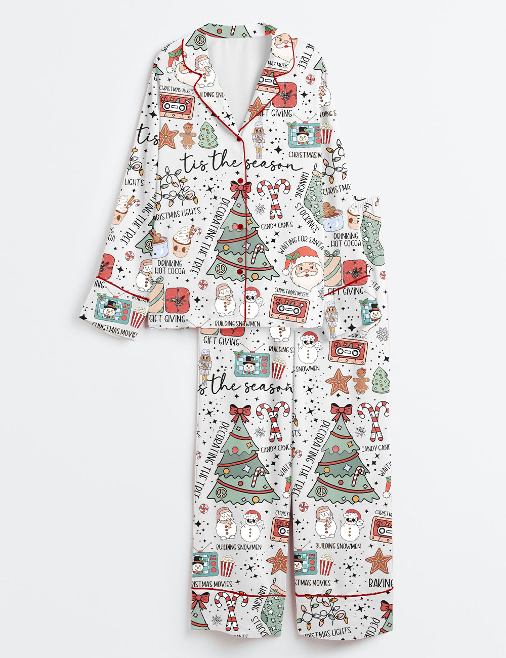 Women’s Retro Christmas Tis The Season Christmas Cute Santa Holiday Hot Cocoa Print Long Sleeve Satin Pajama Set