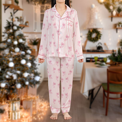 Pink Ribbon Striped Pajama Set – Elegant Bow Print Pajamas | Cozy Pajama Gift Set, Cute Pajamas for My Love, Family Pajamas for Women, Men, Kids & Youth HPRPJMADL-34