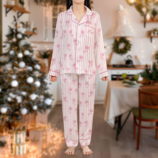 Pink Ribbon Striped Pajama Set – Elegant Bow Print Pajamas | Cozy Pajama Gift Set, Cute Pajamas for My Love, Family Pajamas for Women, Men, Kids & Youth HPRPJMADL-34