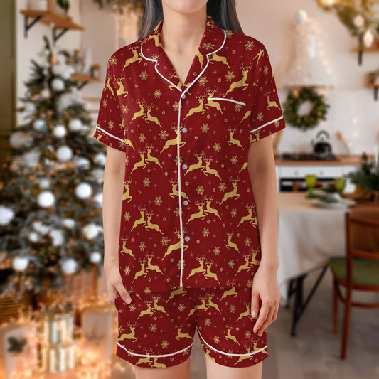 Christmas Reindeer Short Pajama Set – Festive Red & Gold Holiday Sleepwear | Cozy Xmas Pajamas for Women, Men, Kids & Youth, Matching Family Pajama Gift Set HPRPJMADS-10