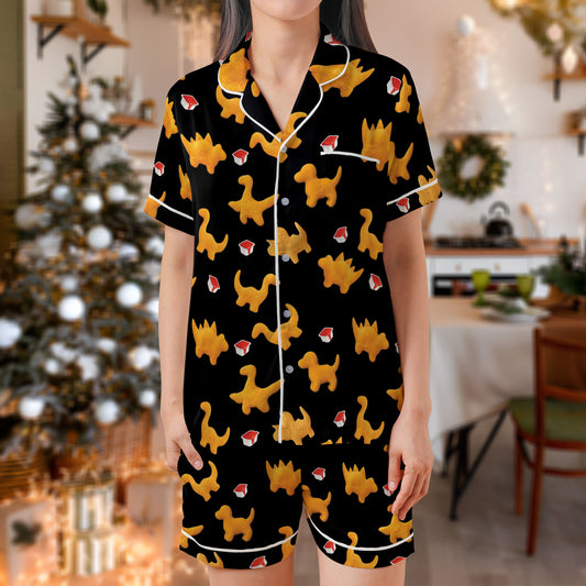 Dino Nugget Short Pajama Set – Funny Chicken Nugget & Sauce Print Sleepwear | Quirky Black Pajamas for Women, Men, Kids & Youth, Cozy Matching Gift Set HPRPJMADS-12