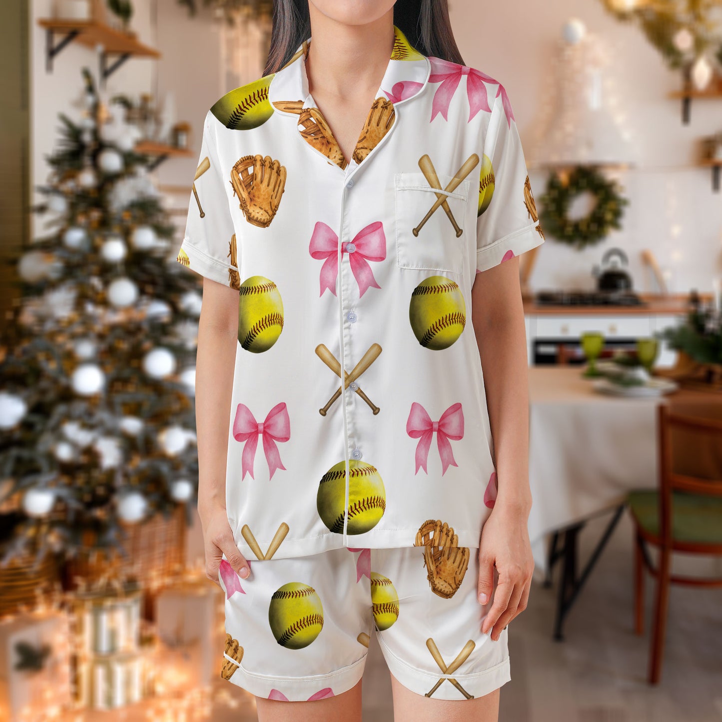 Softball Satin Pajama Set – Sporty Pink Bow & Glove Print Sleepwear | White Short Sleeve Loungewear for Athletes, Teams & Fans HPRPJMADS-43