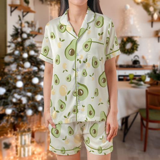 Avocado Print Satin Pajama Set – Cute Green Fruit Pattern Sleepwear | White Short Sleeve Satin Loungewear with Green Piping Trim for Women HPRPJMADS-53