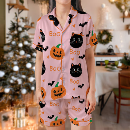 Halloween Satin Pajama Set – Pink “Boo” Print Sleepwear with Black Cats, Pumpkins & Bats | Cute Short Sleeve Satin Loungewear with Orange Piping Trim HPRPJMADS-54