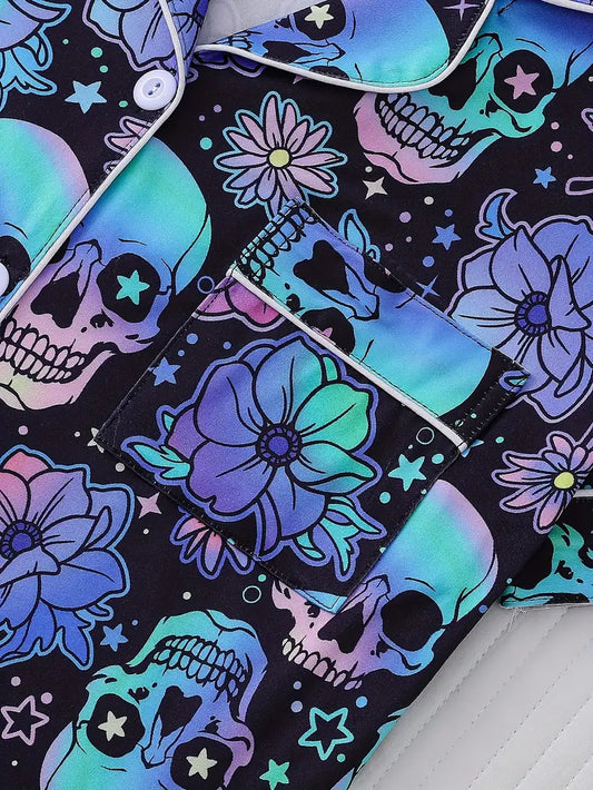 Our Neon Skull & Floral Pajama Set  Print Women's Outerwear Autumn and Winter Pajama Set