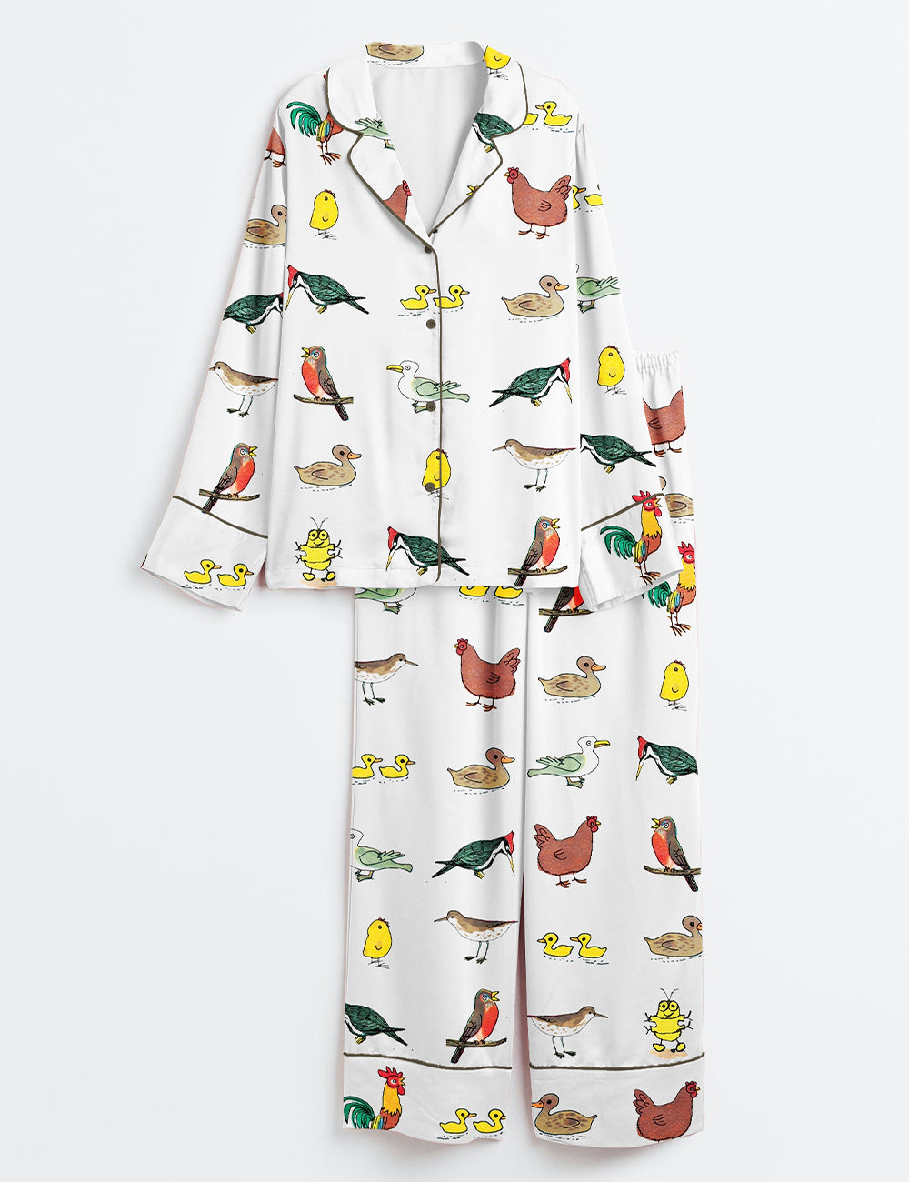 Women’s Colored Animals Rooster Birds Chicken Ducks Woodpecker Long Sleeve Satin Pajama Set