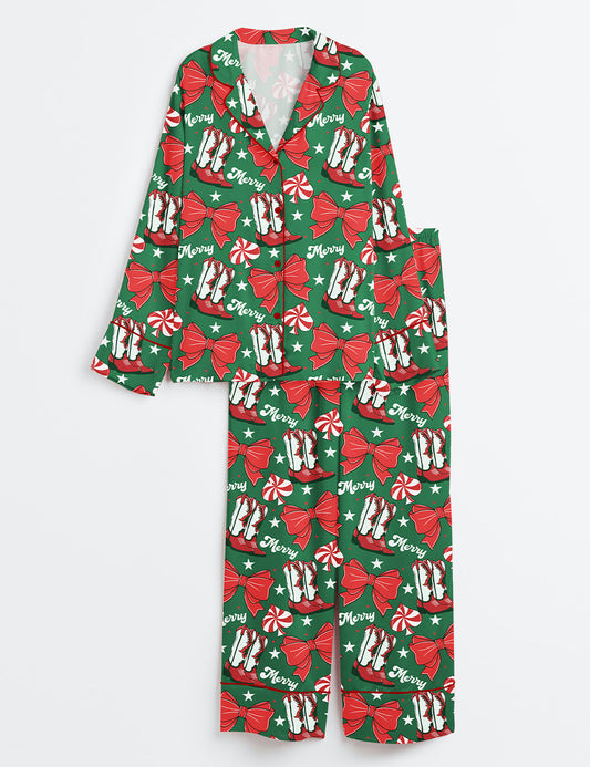 Women’s Western Christmas Long Sleeve Satin Pajama Set