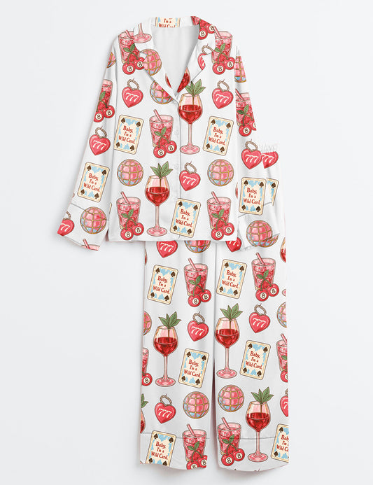 Women’s Western Wild Card Cherry Retro Coquette Western Collage Trendy Western Print Long Sleeve Satin Pajama Set