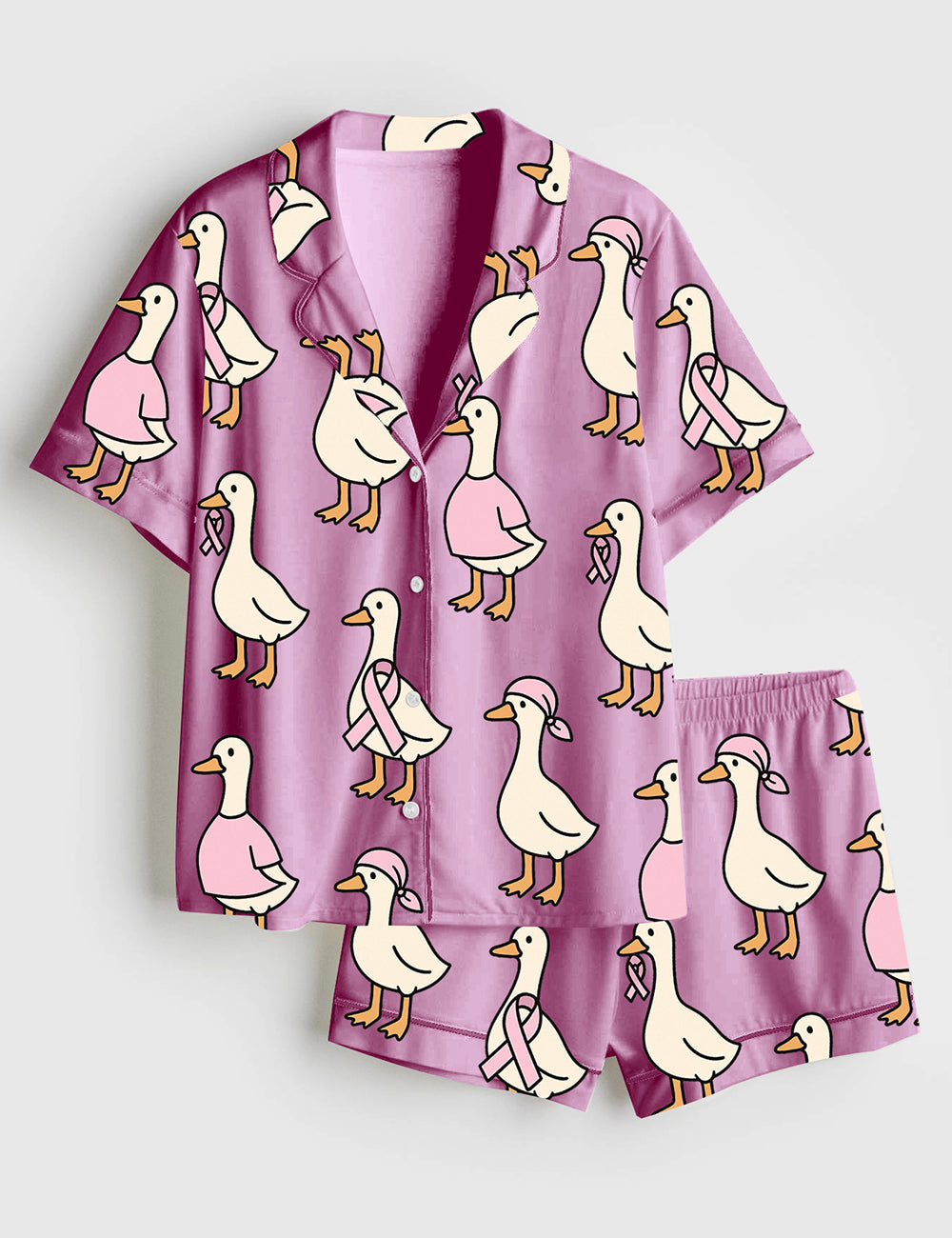 Women’s Just A Strong Goose Breast Cancer Awareness Goose Cute Pink Ribbon Duck Print Short Sleeve Satin Pajama Set