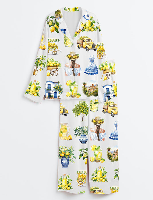 Women’s Watercolor Lemon Fruit Lemon Drop Martini Mediterranean Summer Ocean Beach Vibes Print Long Sleeve Satin Pajama Set