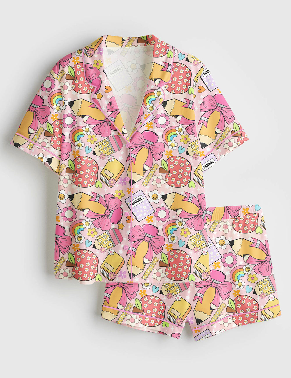 Women’s Retro Teacher Back To School Teacher Groovy School Daisy Books Pencil Print Short Sleeve Satin Pajama Set