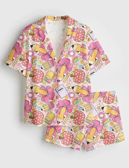Women’s Retro Teacher Back To School Teacher Groovy School Daisy Books Pencil Print Short Sleeve Satin Pajama Set