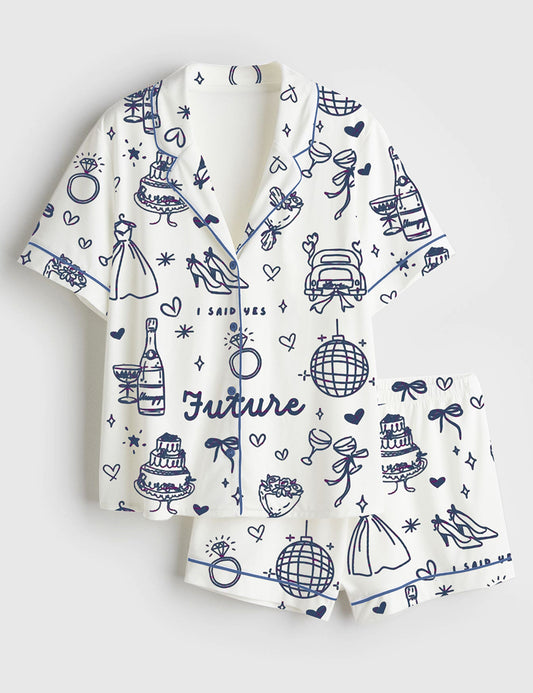 Women’s Future Wife Bridal Shower Engagement Wedding Wife Bride Love Print Short Sleeve Satin Pajama Set