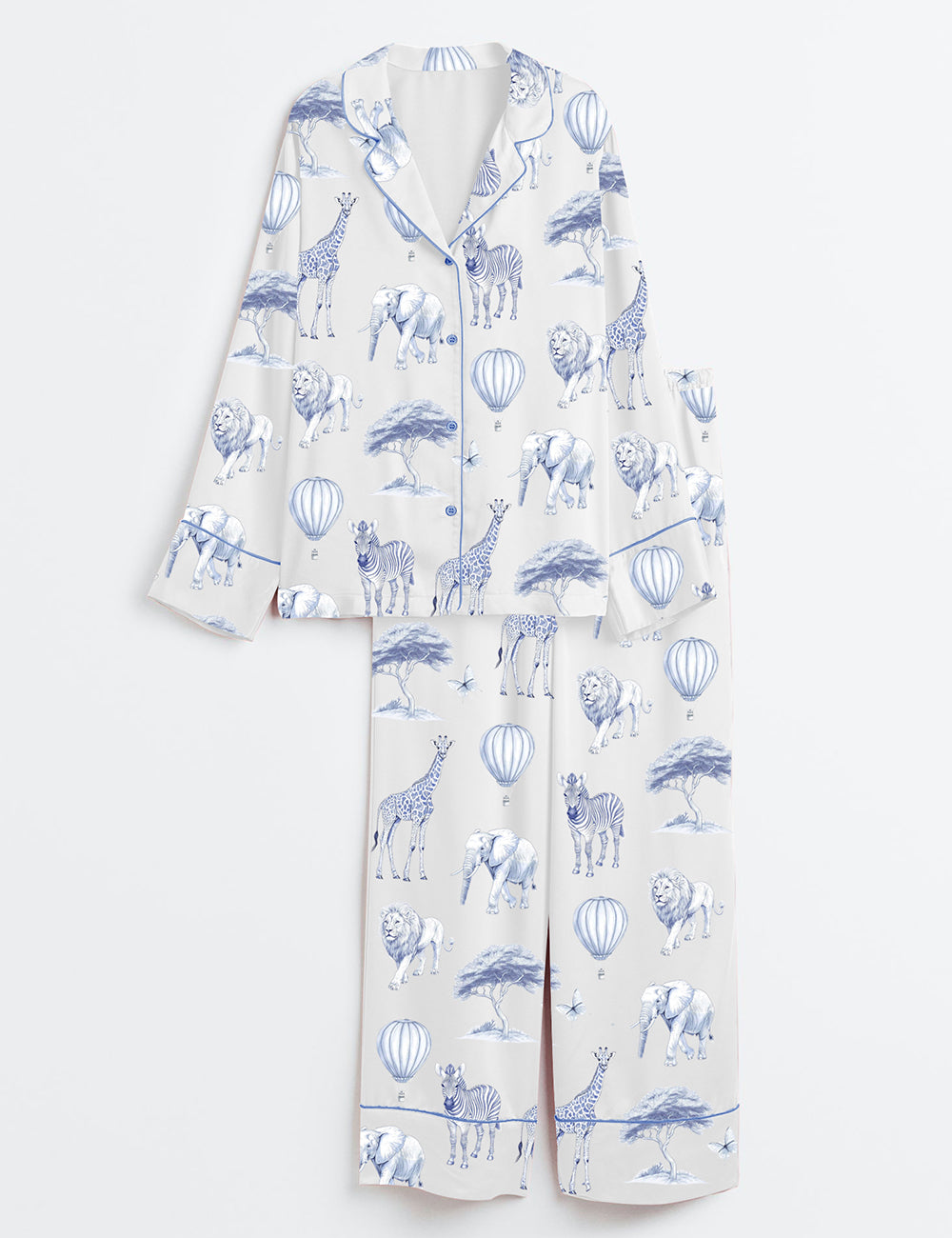 Women’s Chinoiserie Safari Elephant Giraffe And Zebra Print Long Sleeve Satin Pajama Set