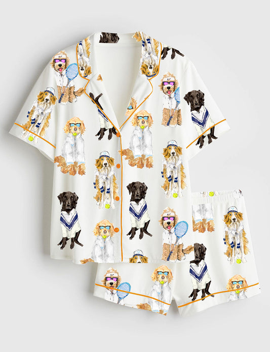 Women’s Tennis Goldenretriever Dog Lover Short Sleeve Satin Pajama Set