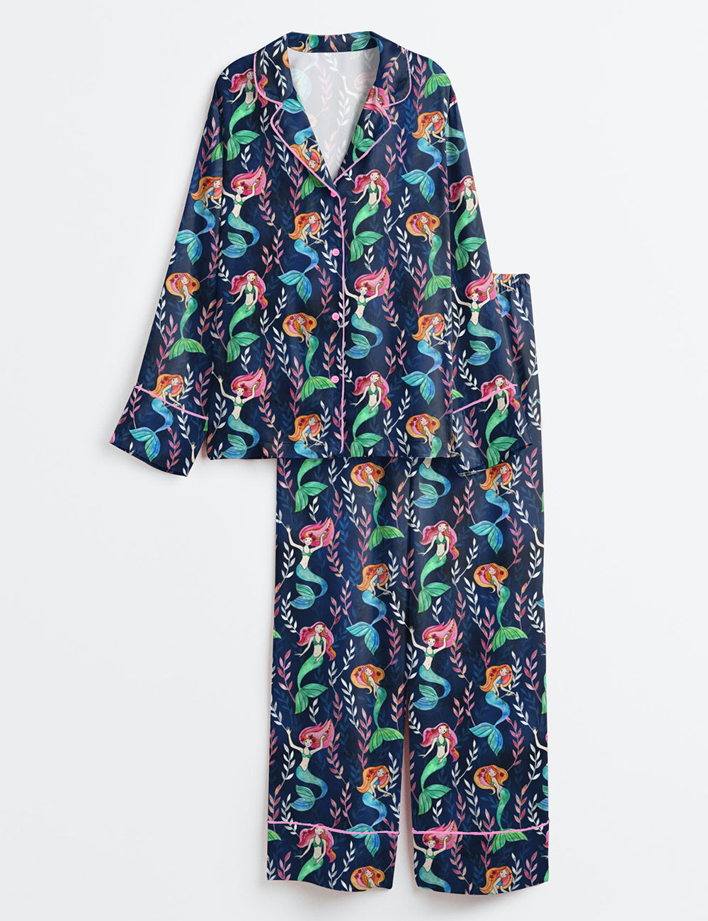 Women’s Merry Mermaids In Watercolor Long Sleeve Satin Pajama Set