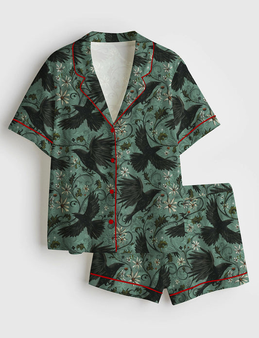 Women’s Mystic Crows Halloween Short Sleeve Satin Pajama Set