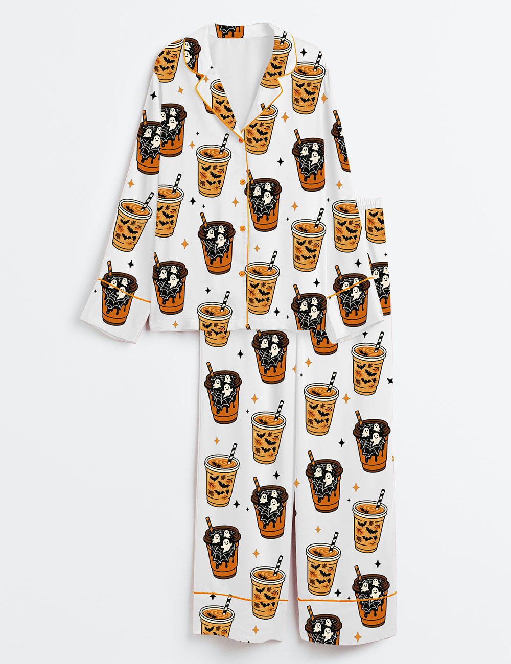 Women’s Freshly Boo’d Coffee Halloween Ghost Coffee Scream And Sugar Long Sleeve Satin Pajama Set