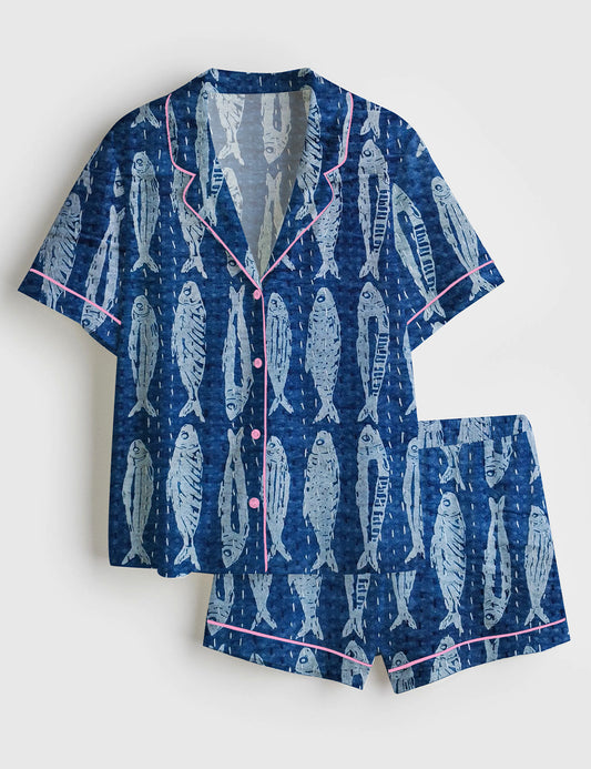 Women’s Indigo Blue Fish Boho Short Sleeve Satin Pajama Set