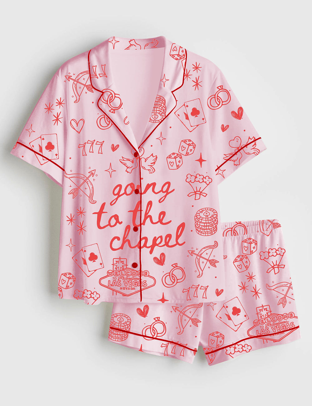 Women’s Going To The Chapel Las Vegas Theme Coquette Bachelorette Bride Just Engaged Print Short Sleeve Satin Pajama Set