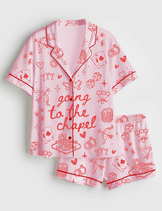 Women’s Going To The Chapel Las Vegas Theme Coquette Bachelorette Bride Just Engaged Print Short Sleeve Satin Pajama Set