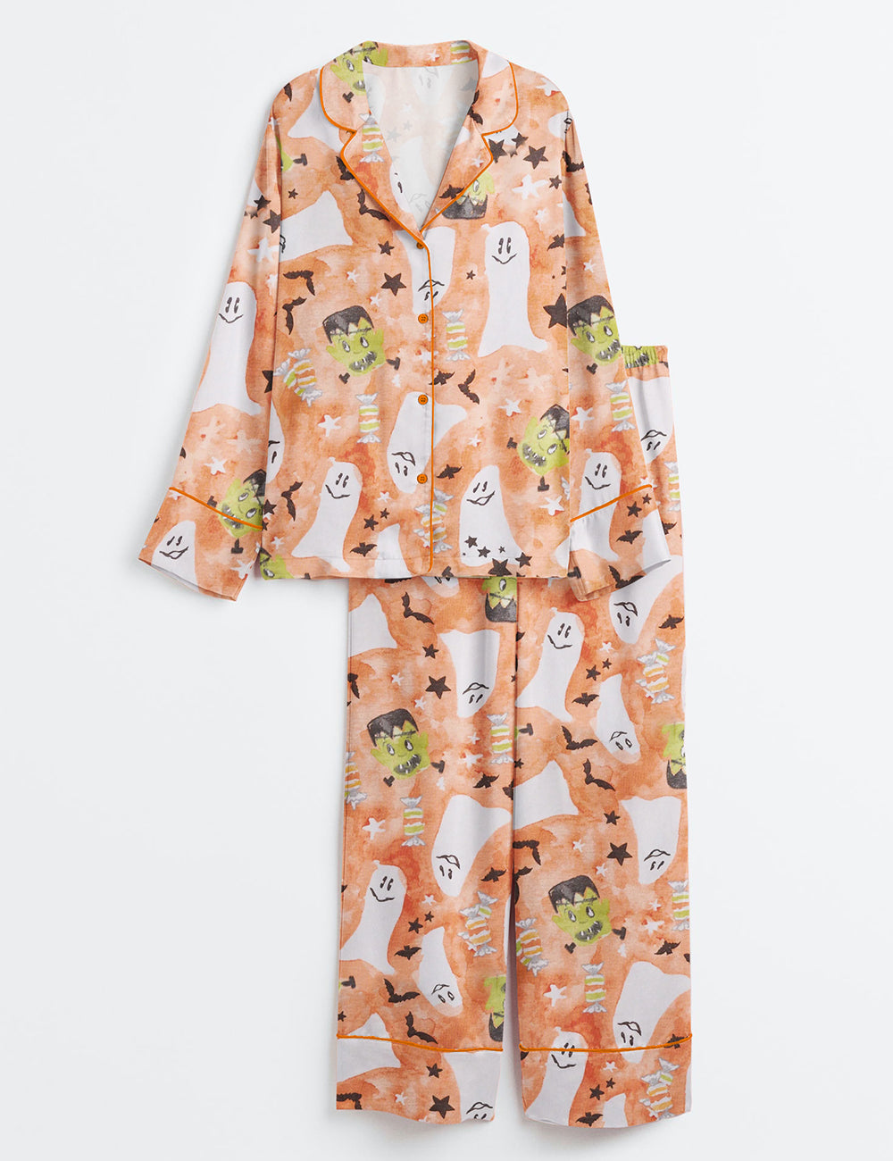 Women’s Starry Ghost Spooky Halloween Cute Ghost Aesthetics Pastel Halloween Print Long Sleeve Satin Pajama Set