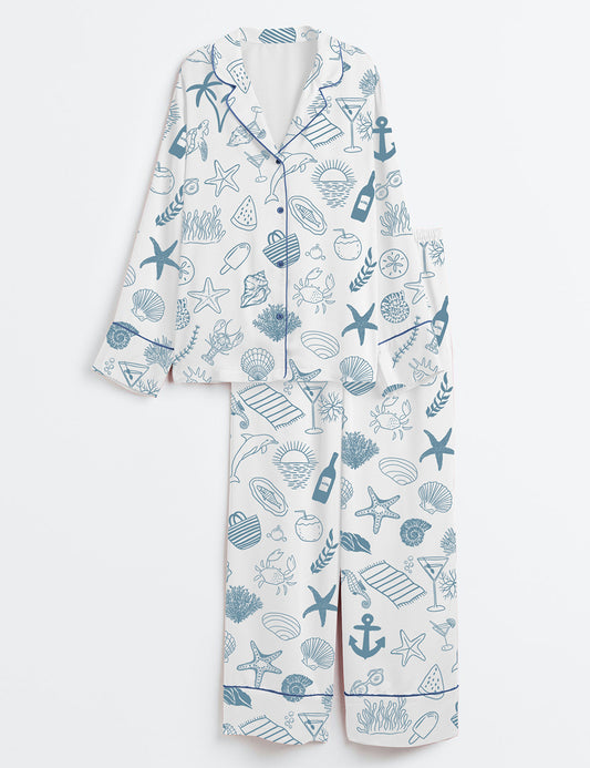Women’s Coastal Beach Ocean Shark Summer Nautical Long Sleeve Satin Pajama Set