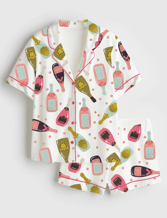 Women’s Champagne Bottles Square Short Sleeve Satin Pajama Set
