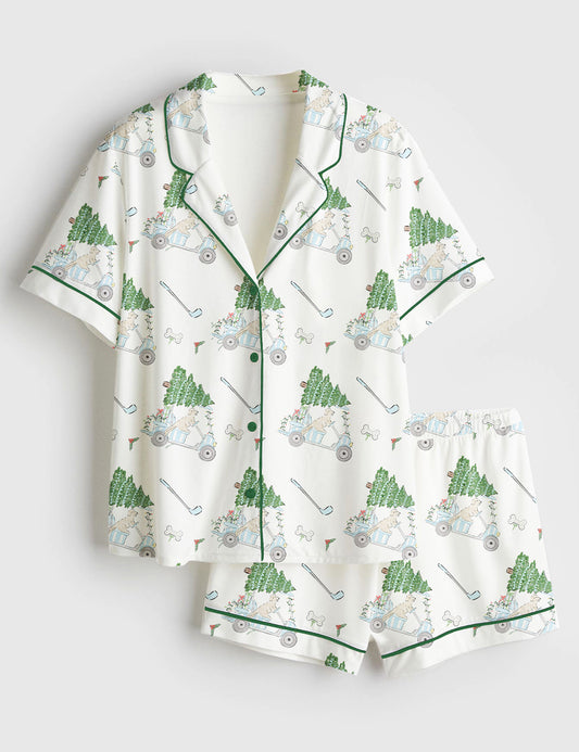 Women’s Golfing Puppy Christmas Short Sleeve Satin Pajama Set