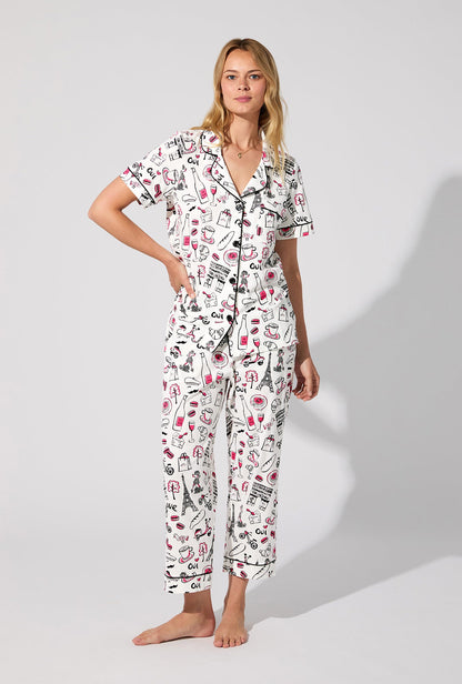 Bonjour Paris Short Sleeve Classic Stretch Jersey Cropped PJ Set