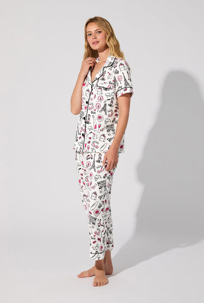 Bonjour Paris Short Sleeve Classic Stretch Jersey Cropped PJ Set