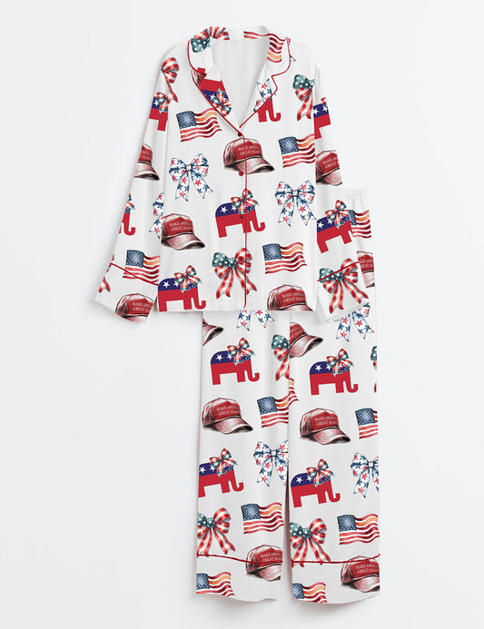 Women's Coquette Bow America 45 47 Satin Pajama Set