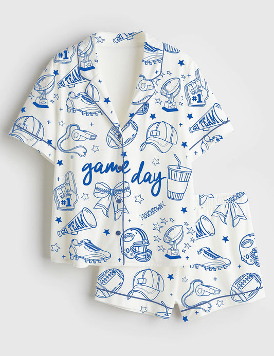 Women’s Retro Football Season Game Day Coquette Football Mama Short Sleeve Satin Pajama Set