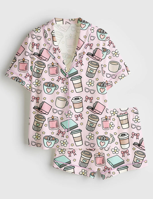 Women’s Books And Coffee Girly Morning Reading Bookish Coffee Print Short Sleeve Satin Pajama Set