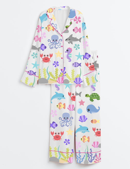 Women’s Cute Ocean Sea Animals Starfish Whale Octopus Shark Fish Turtle Seaweed Print Long Sleeve Satin Pajama Set