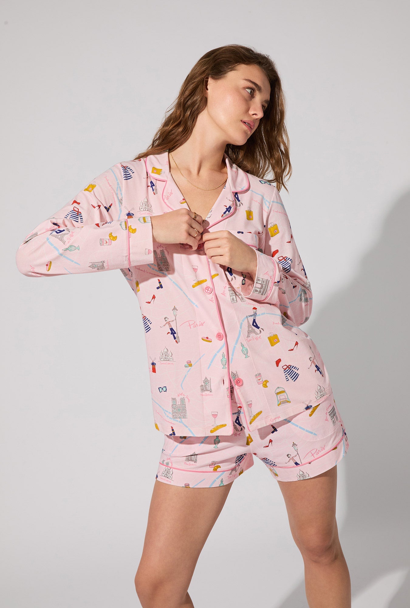 48 Hrs In Paris Long Sleeve Classic Stretch Jersey Short PJ Set
