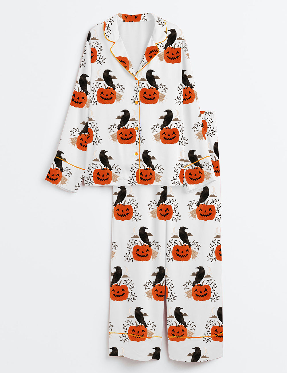 Women’s Halloween Raven Black Crow On Pumpkin Long Sleeve Satin Pajama Set