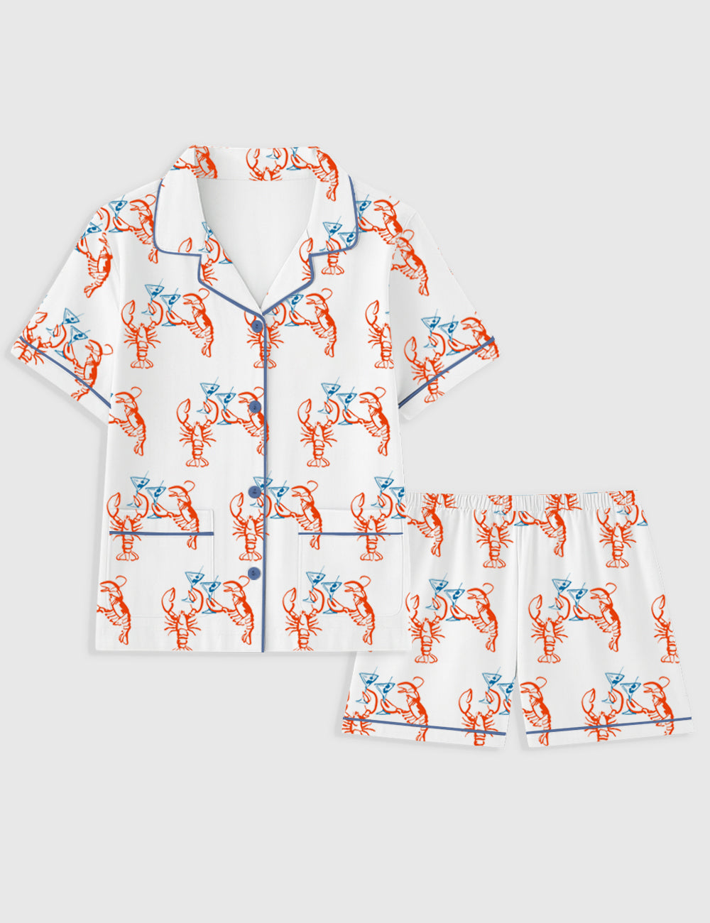 Women's Martini Lobster Fisherman Aesthetic Lobster Cocktail Summer Martini Short Sleeve Pocket Cotton Pajama Set