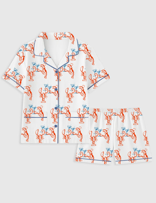 Women's Martini Lobster Fisherman Aesthetic Lobster Cocktail Summer Martini Short Sleeve Pocket Cotton Pajama Set