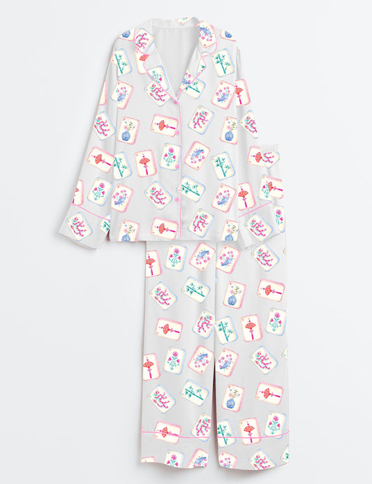 Women’s Watercolor Mahjong Party Long Sleeve Satin Pajama Set