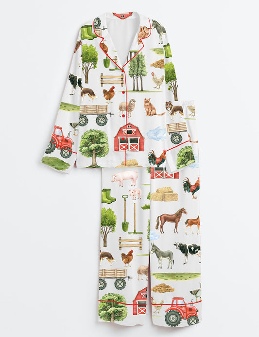Women’s Farm Animals Mill Horse Cow Pig Chickens Donkey Sheep Trees Tractor Barn Long Sleeve Satin Pajama Set