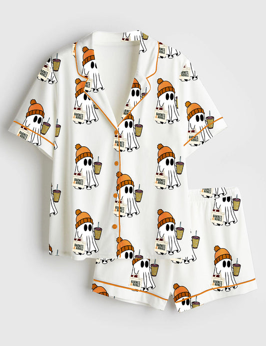 Women’s Halloween Bookish Ghost Short Sleeve Satin Pajama Set