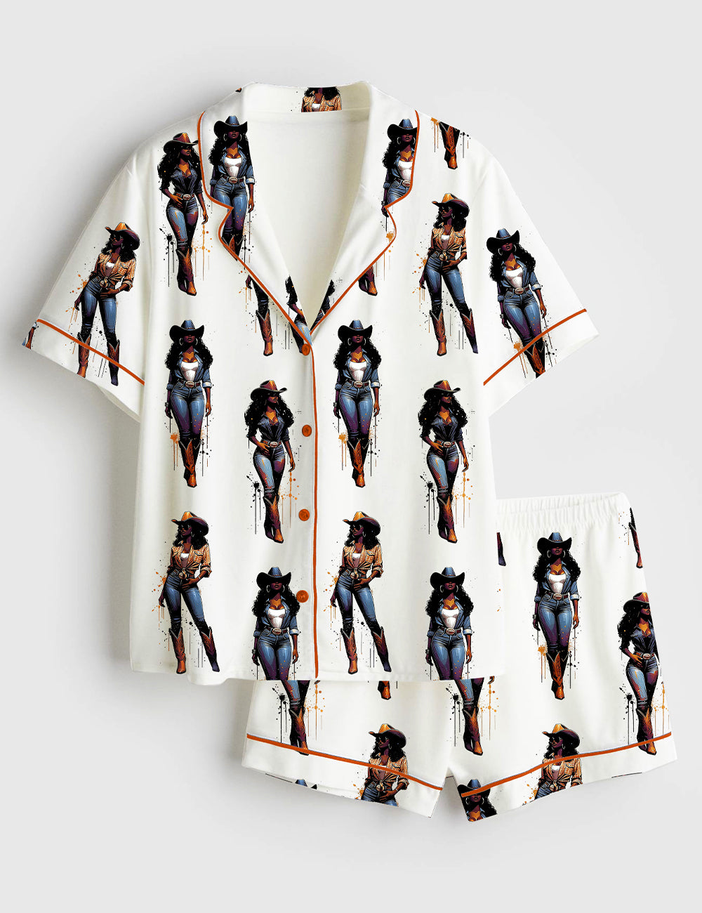 Women’s Melanin Rodeo Queen Black Cowgirl American Western Print Short Sleeve Satin Pajama Set