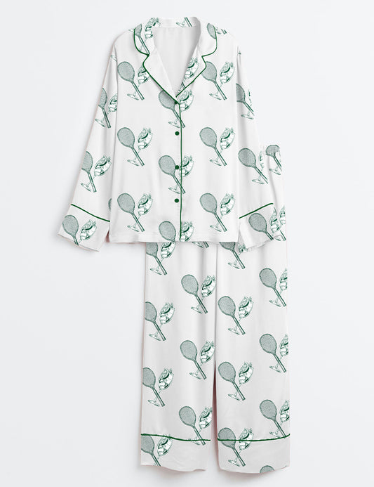 Women's Tennis And Tinis Cocktail Martini Long Sleeve Satin Pajama Set