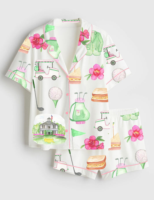 Women’s Golf Masters Augusta Watercolor Golf Print Short Sleeve Satin Pajama Set