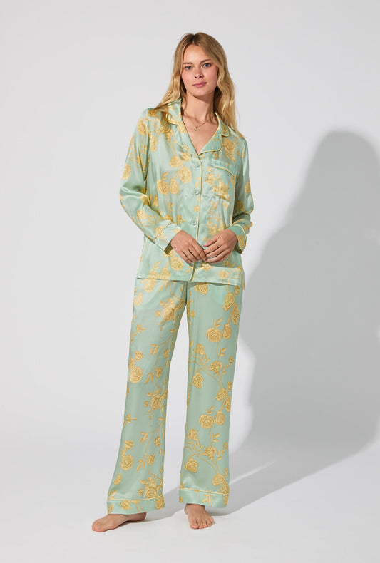 Royal Roses Long Sleeve Classic Woven Washable Silk Satin PJ Set